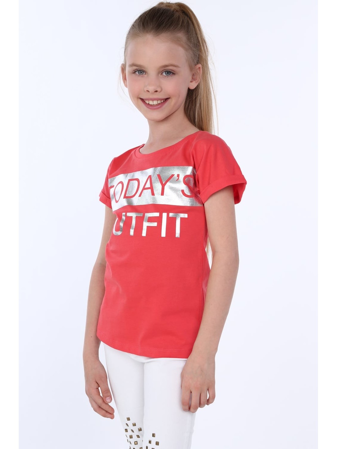 Girls\' T-shirt with inscriptions, coral NDZ8168 - Online store - Boutique